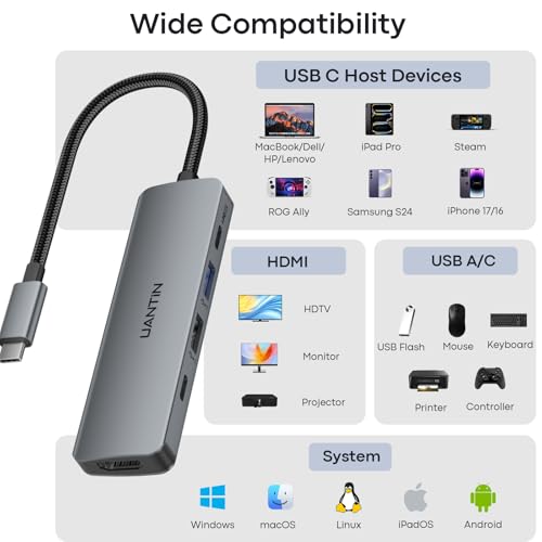 UANTIN USB C Hub Multiport Adapter 5 in 1, 4K USBC to HDMI Dongle with 100W PD, 5Gbps USB-A 3.0, USB-C Data, USB C Splitter Docking Station for MacBook Neo/Pro/Air, iPad, XPS, Surface Laptop