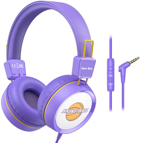 New bee Kids Headphones for School with Microphone KH20 HD Stereo Safe Volume Limited 85dB/94dB Foldable Lightweight On-Ear Headphone for PC/Mac/Android/Kindle/Tablet/Pad (Purple) - color: Purple, size: wired