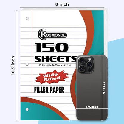 Rosmonde Loose Leaf Paper, 900 Sheets, 6 Pack, Wide Ruled Sheets, Combo, Spiral Notebooks, 6 Pack, 5 Subject Notebook, Wide Ruled, 150 Sheets (300 Pages), Assorted Colors, School, Home & Office
