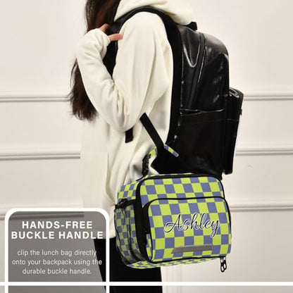 Custom Student Lunch Bag for Boys Girls Green Blue Checkered Personalized Lunch Box With Name Insulated Cooler Bag for School Picnic Travel - color: Multi16