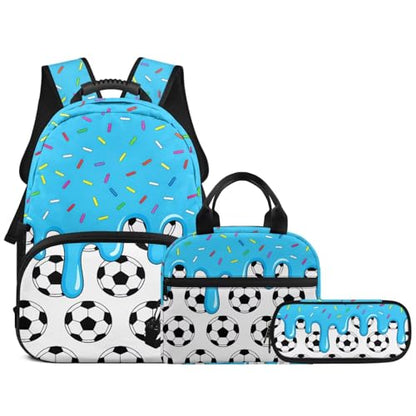 Ice Cream Soccer Ball 3PCS Backpacks for Boys Girls, Lightweight 3 in 1 School Bag with Insulated Lunch Box Pencil Case for Middle High School Students - color: Ice Cream Soccer Ball