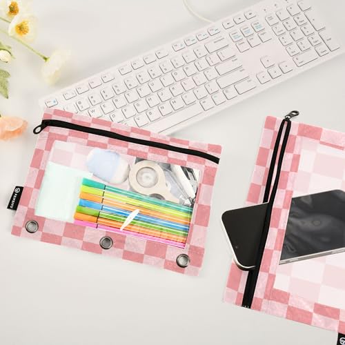 Hotpink Buffalo Plaid Binder Pouches 3 Ring for Boys Girls School Office College Supplies Pink Chessboard Lightpink Pencil Pouches Case Bag with Clear Window and Zipper 2 Pack - color: Hotpink