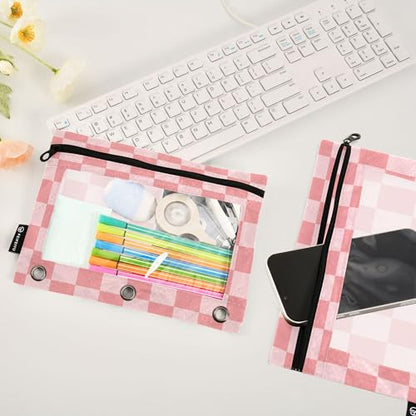 Hotpink Buffalo Plaid Binder Pouches 3 Ring for Boys Girls School Office College Supplies Pink Chessboard Lightpink Pencil Pouches Case Bag with Clear Window and Zipper 2 Pack - color: Hotpink