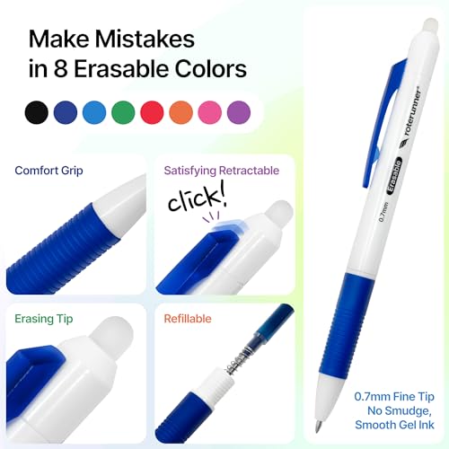 Roterunner 8 Multicolor Erasable Gel Pens with Ink Refills 0.7mm Retractable Fine Point Smooth Planner Pens Eraser Pen for Coloring for Adults (White Casing) - style: White Casing