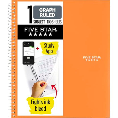 Five Star Spiral Notebook + Study App, 1 Subject, Graph Ruled Paper, 8-1/2" x 11", 100 Sheets, Fights Ink Bleed, Water Resistant Cover, Sedona Orange (620000CD1)