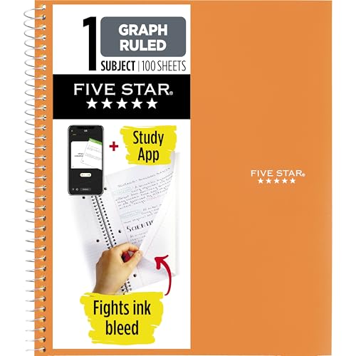 Five Star Spiral Notebook + Study App, 1 Subject, Graph Ruled Paper, 8-1/2" x 11", 100 Sheets, Fights Ink Bleed, Water Resistant Cover, Sedona Orange (620000CD1)