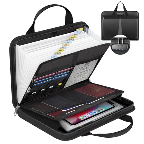 onvvippiv File Organizer Fireproof Expanding with Lock Zipper | Accordion File Folder Labels13 Pockets Document Organizer Holder Storage Box Bag for Business Office Receipt Home Travel - color: Black, style: Newly Upgraded