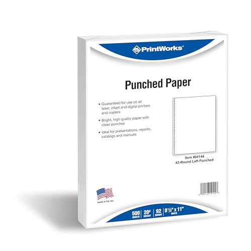 PrintWorks Professional Pre-Punched Spiral Binding Paper - 43-Hole (4:1 Pitch Hole Punch) - Book Binding Printer Paper - Made in the USA - 500 Sheets - 8.5" x 11" - 20 lb - 92 Bright White (04144) - size: 20 lb, style: Spiral, 43-Hole