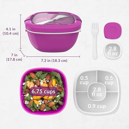 Bentgo Salad Container - 54 oz Bowl with 4-Compartment Toppings Tray, Leak-Proof Dressing Container, Reusable Fork, BPA-Free Lunch Box for Meal Prep & Food Storage; Removable Bento Tray (Purple) - color: Purple
