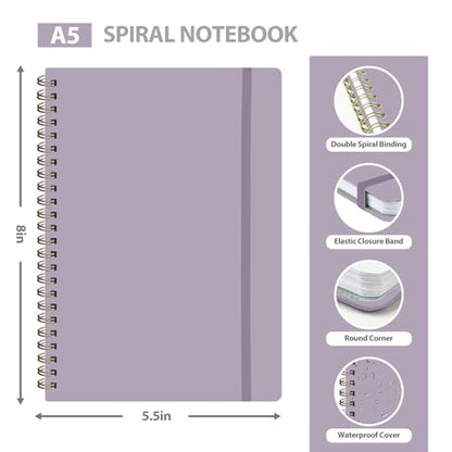 A5 Lined Spiral Journal Notebook, 146 Pages Hardcover Notebook with 100 GSM Thick Paper, Inner Pocket & Elastic Closure, 5.7" x 7.9", Notebooks for Work, School, College, Office, Journaling & Note Taking - color: Purple