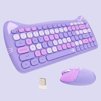 Cute Cat 2.4G USB Wireless Keyboard and Mouse Combo, Silent Keys, Candy Colors, Compatible with Notebook, PC (Purple-84Keys) - color: Purple-84Keys
