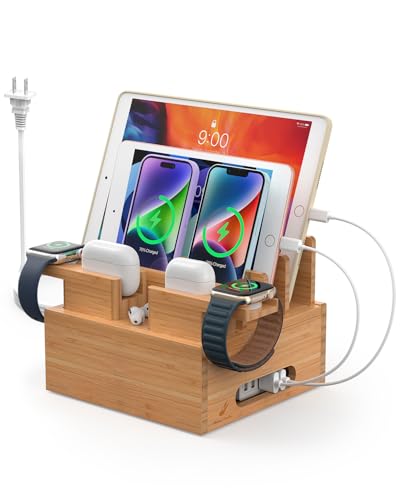 Pezin & Hulin Bamboo Charging Station for Multiple Devices, with Power Charger, Wire Cables 5 Pack, Compatible with Multi Phones & Tablet, for Earbuds & Smart Watch - color: Dock Rack+Cables+Charger