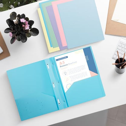 6-Pack Plastic andPockets and Prongs,2-Pocket and3 Fasteners, Pastel Folders Holds 8-1/2" x 11" Paper for School/Office/Home, Blue - color: Light Blue, size: 6-Pack