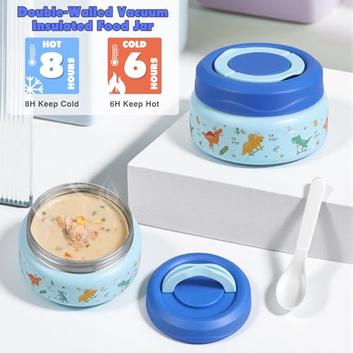 Bento Lunch Box for Kids with 7oz Soup Thermo,Insulated Stainless Steel Kids Water Bottle with Straw and Insulated Lunch Bag,Leak-Proof Lunch Food Container with Ice Pack for School(Blue-Dinosaur) - color: Blue-Dinosaur
