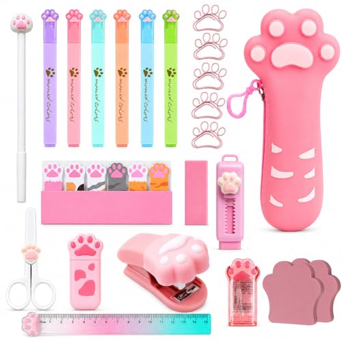 24Pcs Cute Stationery Set W Paper Clips Stapler Scissors Sticky Notes Eraser Ruler Sharpener Pencil Case Highlighter Correction Tape Desk Accessories for School Office Supplies