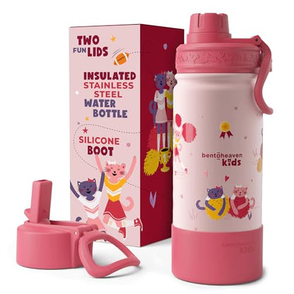 Bentoheaven Kids Water Bottle Stainless Steel for Boys & Girls, Pink | Reusable 17 oz insulated metal tumbler with 2 lids (chug and straw), leakproof design, silicone boot for school and sports. - color: Rose Pink
