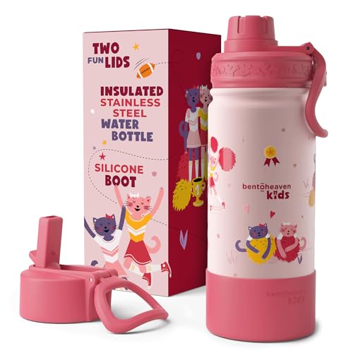 Bentoheaven Kids Water Bottle Stainless Steel for Boys & Girls, Pink | Reusable 17 oz insulated metal tumbler with 2 lids (chug and straw), leakproof design, silicone boot for school and sports. - color: Rose Pink