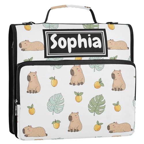 Capybara Cute Print Custom Zipper Binder Bag 3 Ring with Shoulder Strap & Handle Personalized Binder Bag Expandable File Folder for School - color: Multi-capybara Fruits White