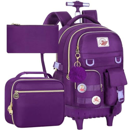 WZLVO Rolling Backpack for Girls Women, 21 inch Water Resistant Roller Wheels Backpacks, Wheeled Bookbag with Lunch Bag for Teen Elementary School Travel - Dark Purple - color: Dark Purple