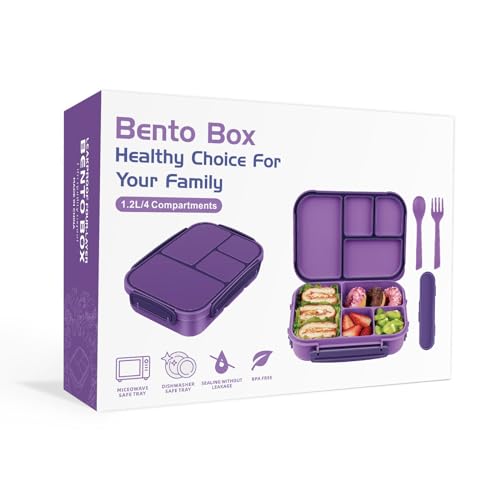 Amathley Lunch Box Kids,Bento Box Adult,Leakproof Lunch Containers for Adults/Kids/Toddler,1200ML-4 Compartments bento Lunch box with Utensil,Microwave & Dishwasher & Freezer Safe (Purple) - color: Purple