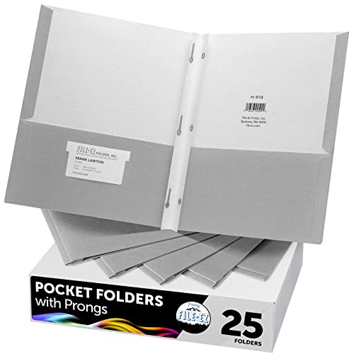 FILE-EZ Two-Pocket Folders with 3-Prong Fasteners, Gray Color, 25-Pack, Durable Textured Paper, Matte Finish, Letter Sheet Size (EZ-92530) - color: Gray