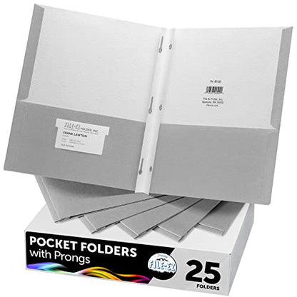 FILE-EZ Two-Pocket Folders with 3-Prong Fasteners, Gray Color, 25-Pack, Durable Textured Paper, Matte Finish, Letter Sheet Size (EZ-92530) - color: Gray