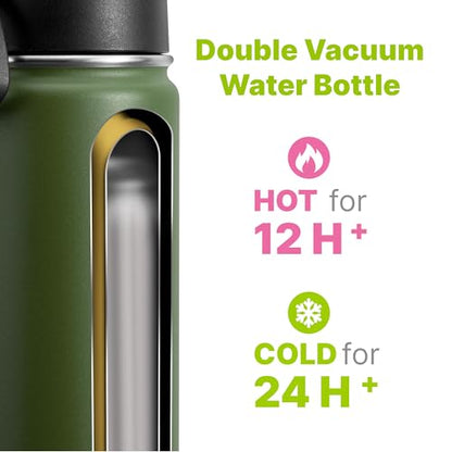 Kids 16 oz Stainless Steel Double Wall Vacuum Insulated Wide Mouth Water Bottle for School - Metal Leak-Proof Travel Water Flask with Straw (Grass Green) - color: Grass Green, size: 16 Ounces