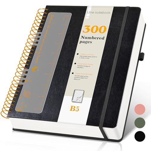 B5 Spiral Notebook Journal 7.6” x 10”, 300 Numbered Pages Hardcover Leather Journals for Women Men, Large Lined College Ruled Notebooks, 100GSM Thick Paper, Spiral Bound Journal for Work School, Black - color: Black, size: B5