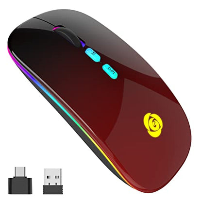 CC Store LED Wireless Mouse, Bluetooth Mouse &2.4GHz Instant Connection,Rechargeable Ultra Silent Slim,3 DPI 2 Connection Modes with USB-C to USB Adapter for Laptop/MacBook/PC/Tablet/iPad (Black-red) | Bluetooth mouse with 2.4GHz USB receiver, silent slim