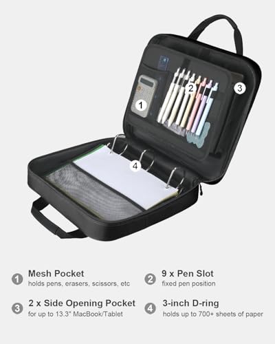 3 Inch Zipper Binder 3 Ring with Shoulder Strap & Multi-Pocket | Binder with Zipper Holds Up to 700 Sheets for Office School, Compatible with 13” MacBook Laptop ipad, Black - color: Black