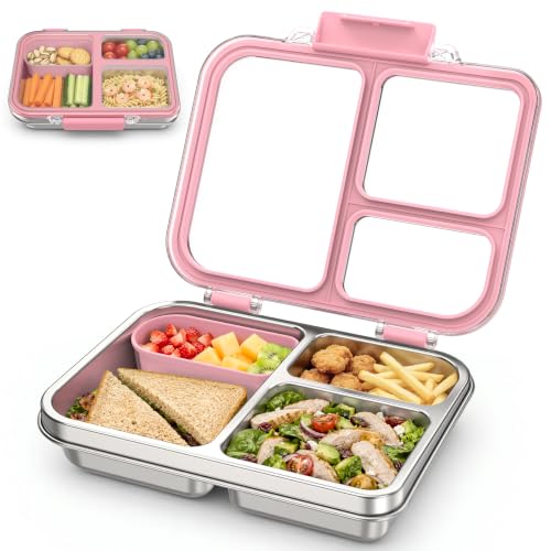 Stainless Steel Bento Box for Kids, 3-Compartment Metal Lunch Box with Clear Lid & Removable Silicone, Lunch Box Kids with Silicone Inner Container for Meal Prep, School, Office (Pink) - color: Pink