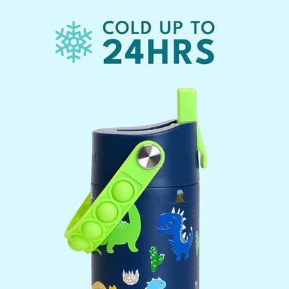 Elemental Insulated Kids Water Bottle, Stainless Steel Water Bottle with Straw Lid & Pop-It Handle, Leak-Proof Water Bottles for School, Boys or Girls, Travelling and Sports, 18oz - Dinosaur - color: Dinosaur