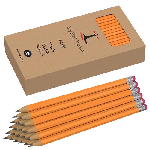 Bay State Importers #2 HB Pencils Bulk 50 Pack | Pre-Sharpened Yellow Wood Pencils with Erasers, Smooth Writing for School, Classroom, Teachers, Office, Exams & Drawing