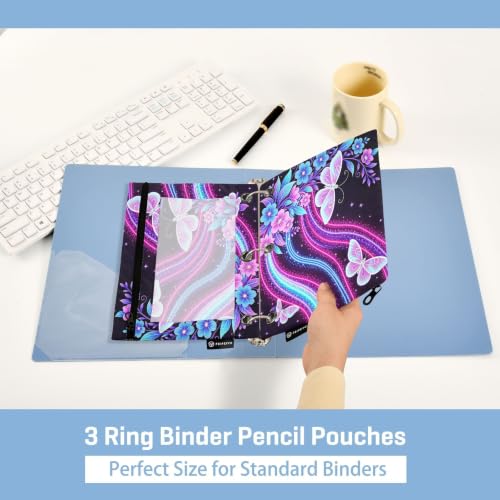 Gredecor 3 Ring Binder Pencil Pouch, Neon Butterflies and Flowers Zippered Pen Case Pouches with Clear Window, 2 Pack Stylish Office & School Supplie - color: Neon Butterflies and Flowers