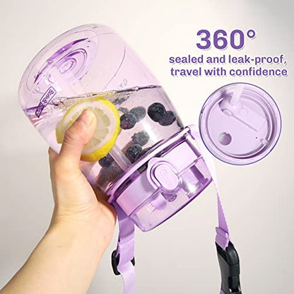 Kawaii Water Bottle with Straw 45oz with Two Ways to Dinking Modern Cute Water Jug With Strap for Women/Teen Girl/School, Purple - color: Purple