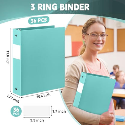 Henoyso 36 Pcs Mint Green 1.5 Inch 3 Ring Plastic Binder Bulk, 1 1/2 Inch Soft Flexible Binders Three Round Rings Fit 8.5x11 Papers for School Office Home File Organization Supplies - color: Mint Green