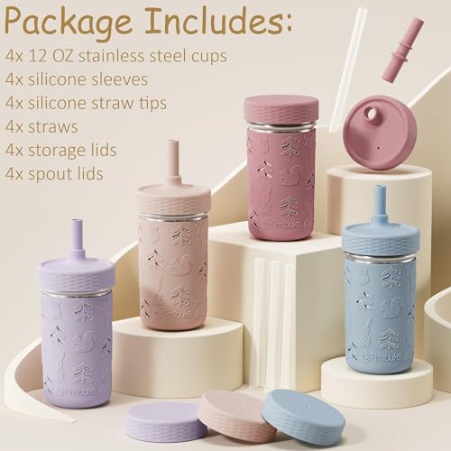 Fimibuke Toddler Cups Spill Proof, 12 OZ Sippy Cups for Kid Girl Boy, Stainless Steel Tumbler with Lid, Removable Silicone Straw & Sleeve, BPA Free Dishwasher Safe Water Bottle Snack Container 4 Pack - color: Dark Pink/Light Pink/Purple/Blue, size: 12 Oun