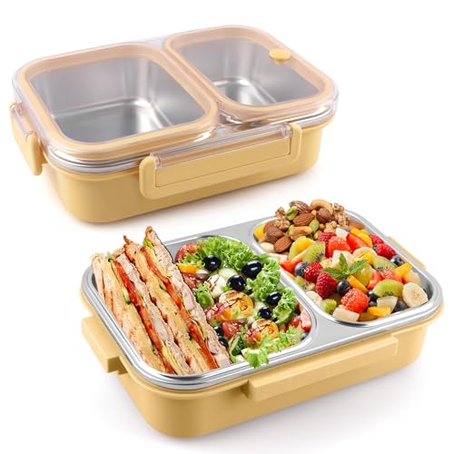 Stainless Steel Lunch Box with 2 Compartments, Leakproof, 30.5 oz Food Storage Containers, Bento Box for Adults,Men,Women(Yellow) - color: Yellow