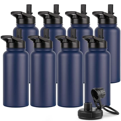 DOMICARE 32 oz Insulated Water Bottle Bulk, Vacuum Insulated Stainless Steel Sports Water Bottle with Straw Lid & Spout Lid, Leakproof, Reusable - Travel, Camping, Bike, Navy Blue (8 Pack) - color: Navy Blue, size: 32oz/8 Pack