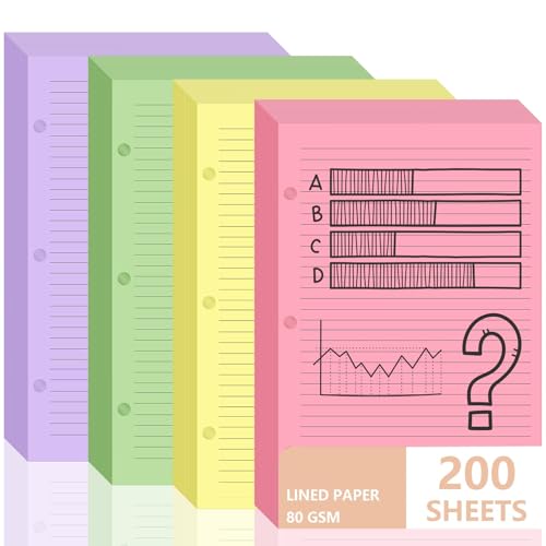 200 sheet Half Letter Lined Paper 3 Hole Punch 5-1/2 x 8-1/2 College Ruled Loose Leaf Notebook Paper Lined Refills Paper Colored Wide Ruled Paper Mini Binder Paper Fits 3 Ring Binders For Office - style: Lined
