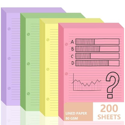 200 sheet Half Letter Lined Paper 3 Hole Punch 5-1/2 x 8-1/2 College Ruled Loose Leaf Notebook Paper Lined Refills Paper Colored Wide Ruled Paper Mini Binder Paper Fits 3 Ring Binders For Office - style: Lined