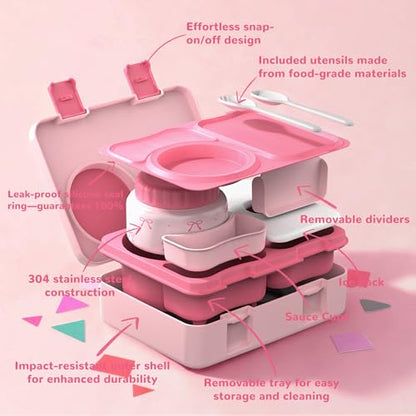 Bento Lunch Box for Kids Adult, Leakproof 3-4 Compartment Bento Box Set with Insulated Food Jar,Water Bottle, Lunch Bag, School Lunch Container for Toddler Teen Girls Boys Ages 3+(Pink Bow) - color: Pink Bow