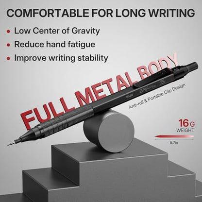 WUO Metal Mechanical Pencil Set, 5-Pack 0.5mm 0.7mm 0.9mm 2.0mm Drafting Pencils with 432 Lead Refills, Precision Eraser Pen, Erasers & Sharpeners for Drawing, Sketching, Writing - color: Black, size: 0.5/0.7/0.9/2.0