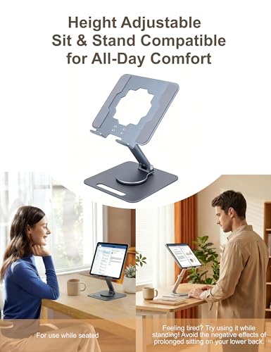 Full Metal Tablet Stand for Desk, 360° Swivel Height Adjustable | 8.7" sit-stand height, aluminum carbon steel, anti-slip silicone pads, hollow cooling, foldable, fits 4.7-13" iPad & tablets - color: Gray-green