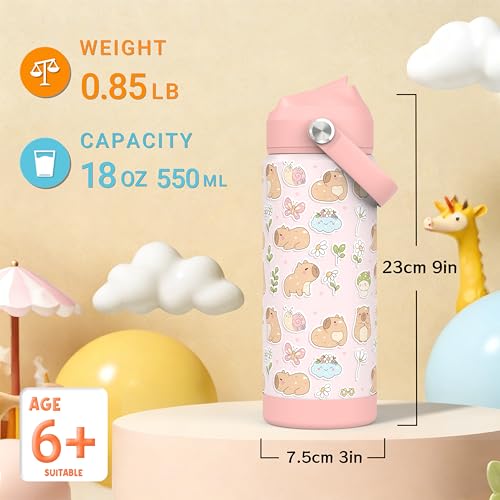 Boys Girls Capybara Water Bottle for School，Kids 18 oz Insulated Stainless Steel Cup with Straw, Double-Wall Vacuum Leakproof - color: C16.Capybara