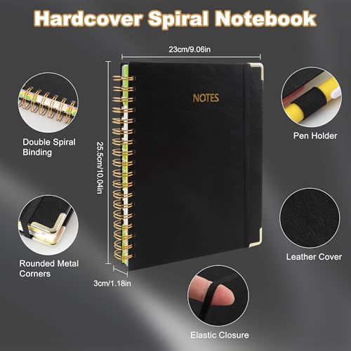JUNART B5 Hardcover Spiral Notebook Journal with 5 Removable Subject Divider Tabs, 9"x10" Large 300 Pages College Ruled Notebook,180° Flat Lay,100 GSM Thick Paper for Office, Home & School(black) - color: black