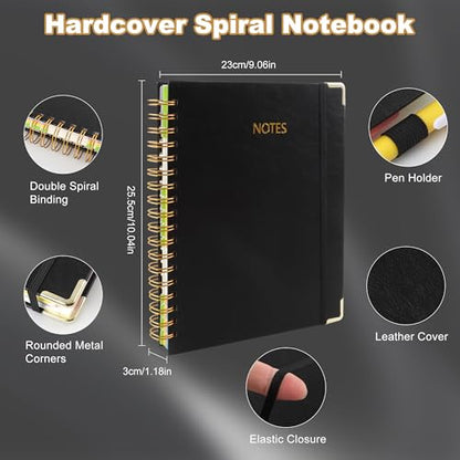 JUNART B5 Hardcover Spiral Notebook Journal with 5 Removable Subject Divider Tabs, 9"x10" Large 300 Pages College Ruled Notebook,180° Flat Lay,100 GSM Thick Paper for Office, Home & School(black) - color: black