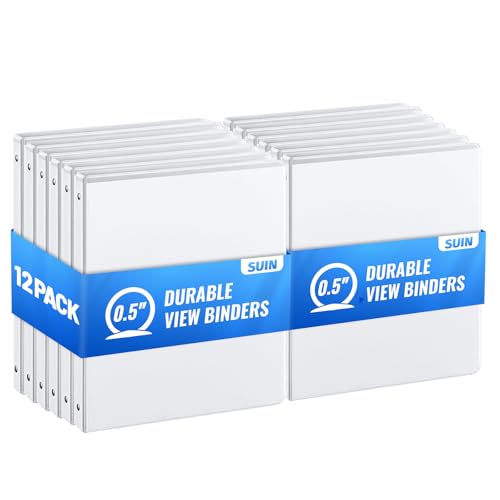SUIN Bulk 12 Pack 0.5-inch 3 Ring Binders -Durable 1/2'' Binders with Roung Ring Binder, Large 100 Sheet Capacity, Fit 8.5" x 11" US Letter Size Paper, White (0.5'' White - 12 Packs) - size: 0.5'' White - 12 Packs