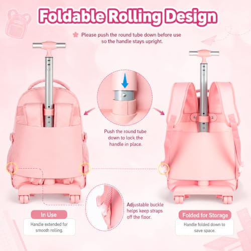 AGSDON Rolling Backpack for Girls, 21" Women Roller Wheels Bookbag, Laptop Wheeled Suitcase School Backpacks with Lunch Bag for Teens - color: Square Pink