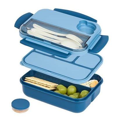 Restaurantware Bento Box 1 Count 44 Ounce Plastic Lunch Box With Cutlery, Leakproof Microwave-Safe Meal Prep Container Reusable Versatile Blue for Travel - size: 1 Count, style: 44 oz - Blue